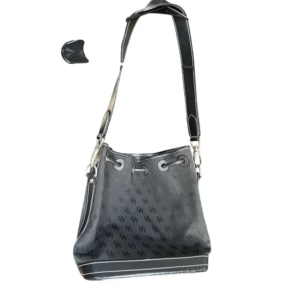Vintage Black Signature Monogram DOONEY BOURKE Bucket Drawstring Cinch Bag